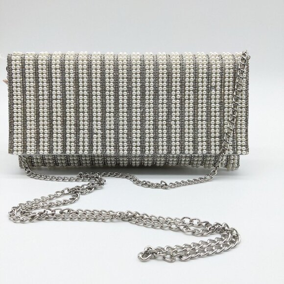 AQUA imitation pearl embellished crystal sparkle women's clutch - WHITE/SILVER - Picture 1 of 11